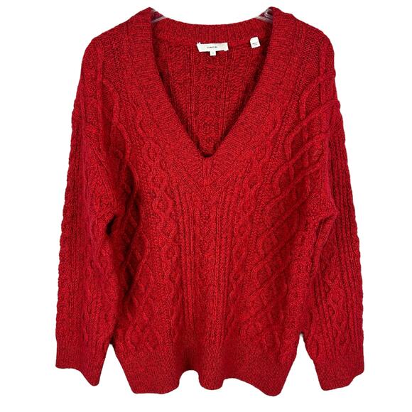 Vince Red Cable Knit Long Sleeve V Neck Long Sleeve Merino Wool Sweater S - Picture 1 of 6
